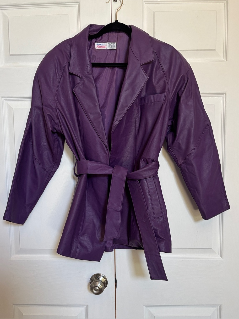Vintage Avon Fashions Women’s S 100% Leather Purple Belted Blazer Jacket Korea
